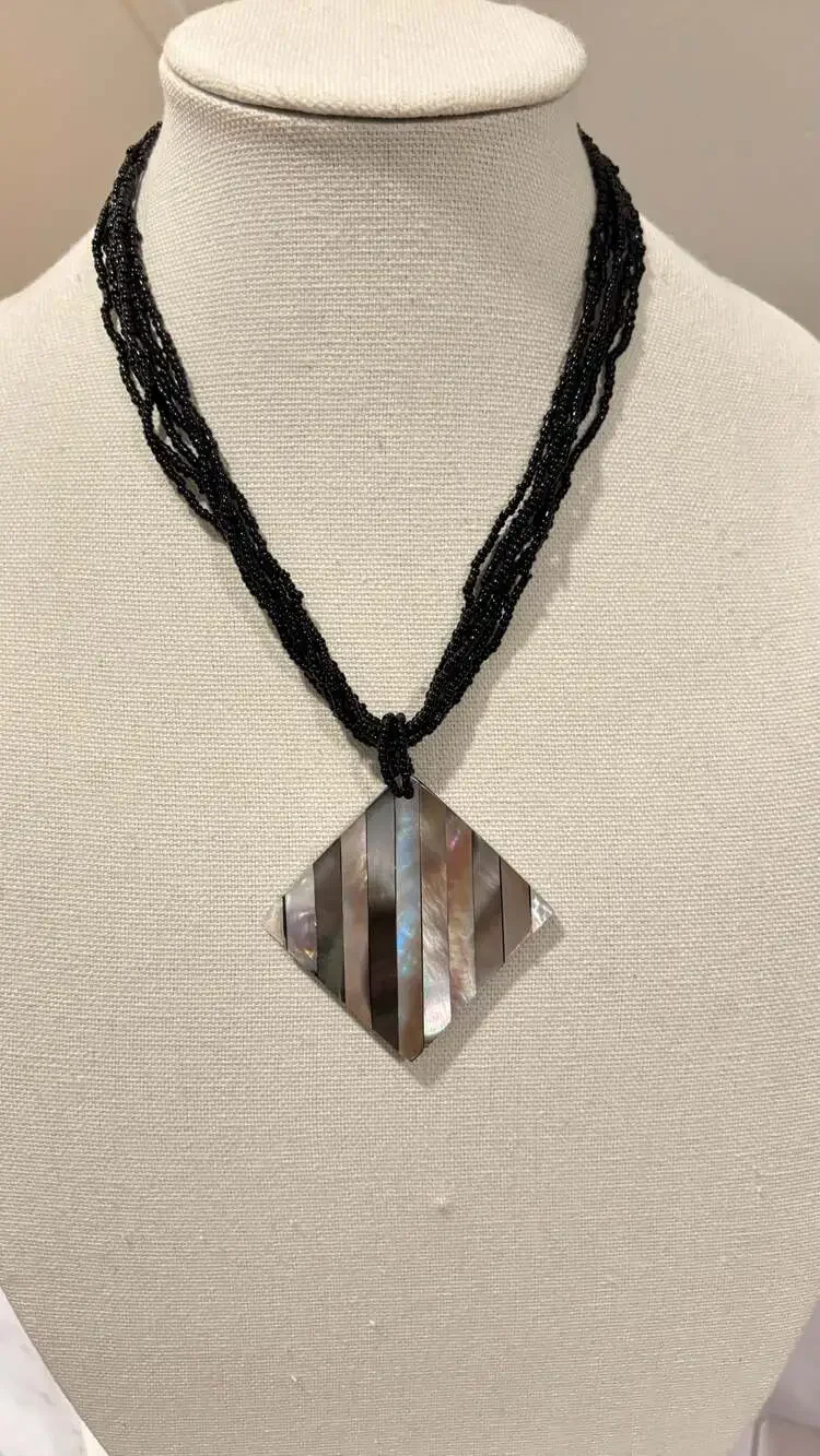 Vintage Multi-Strand Black Seed Necklace Inlaid Mother of Pearl